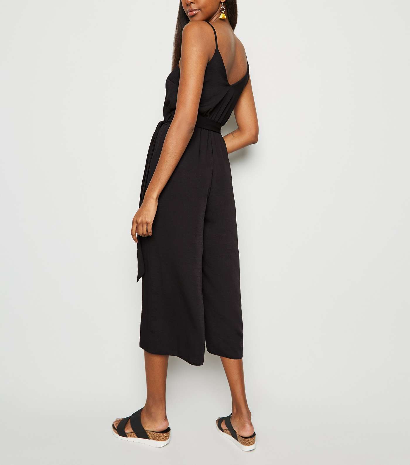 Black Herringbone Button Front Strappy Jumpsuit Image 3
