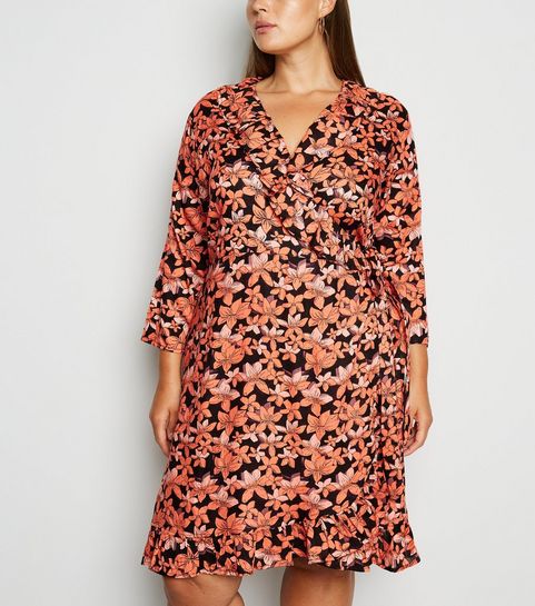 Blue Vanilla Curves – Wickelkleid mit Blumenmuster in Orange