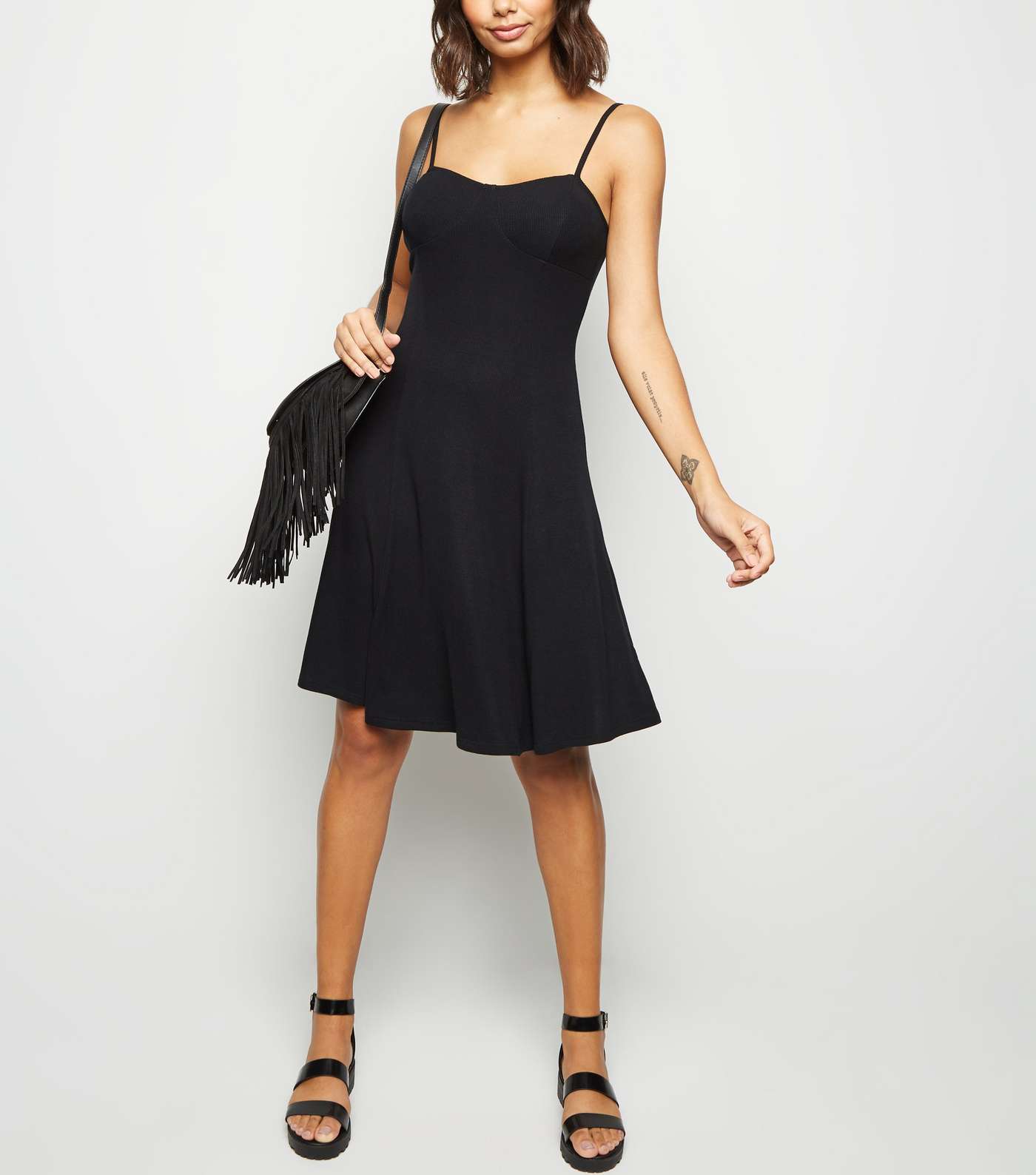Black Ribbed Strappy Swing Dress Image 2