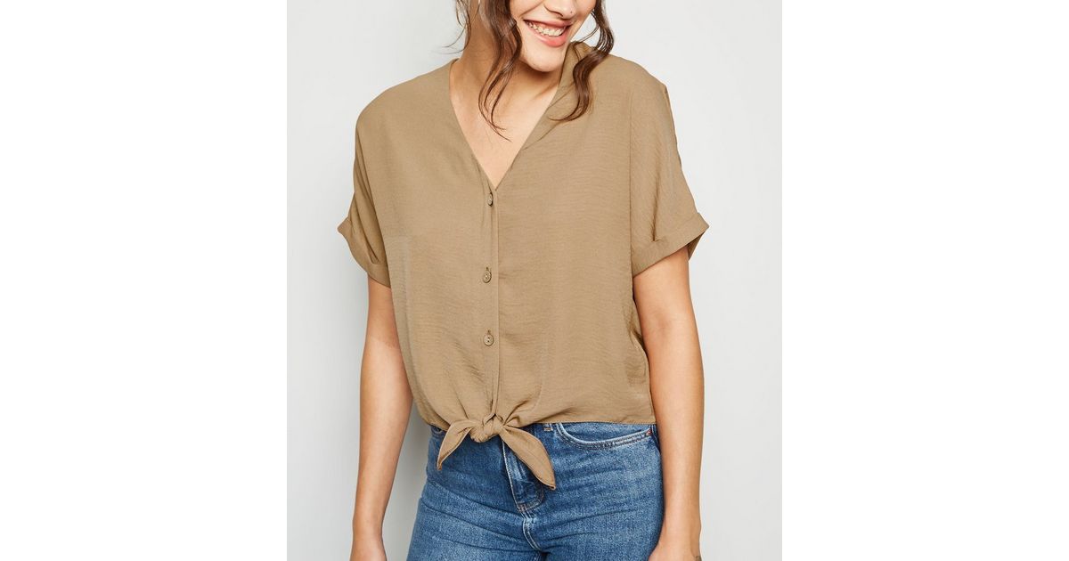 Camel Tie Front Button Up V Neck Shirt | New Look