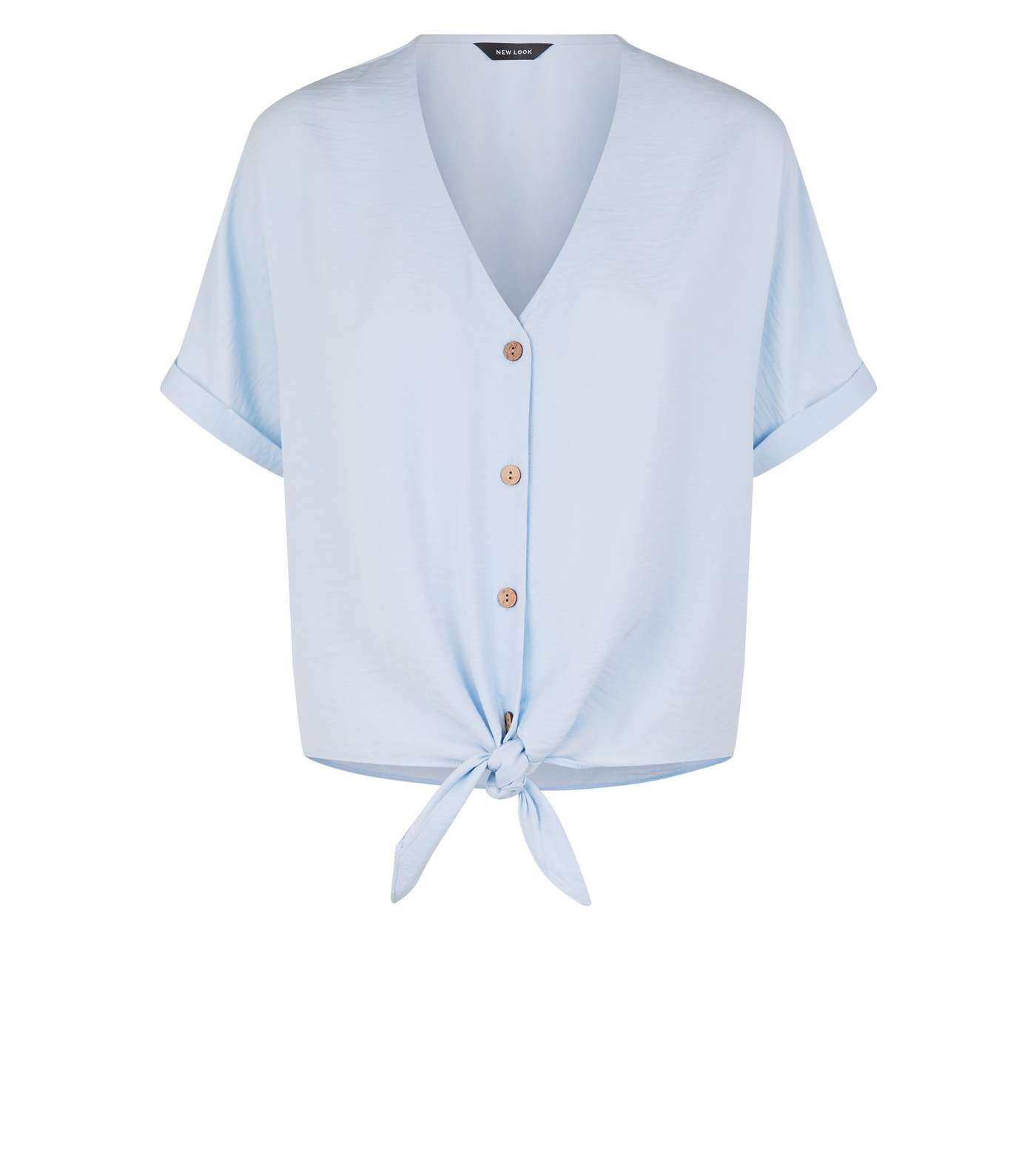 Pale Blue Tie Front Button Up V Neck Shirt Image 4