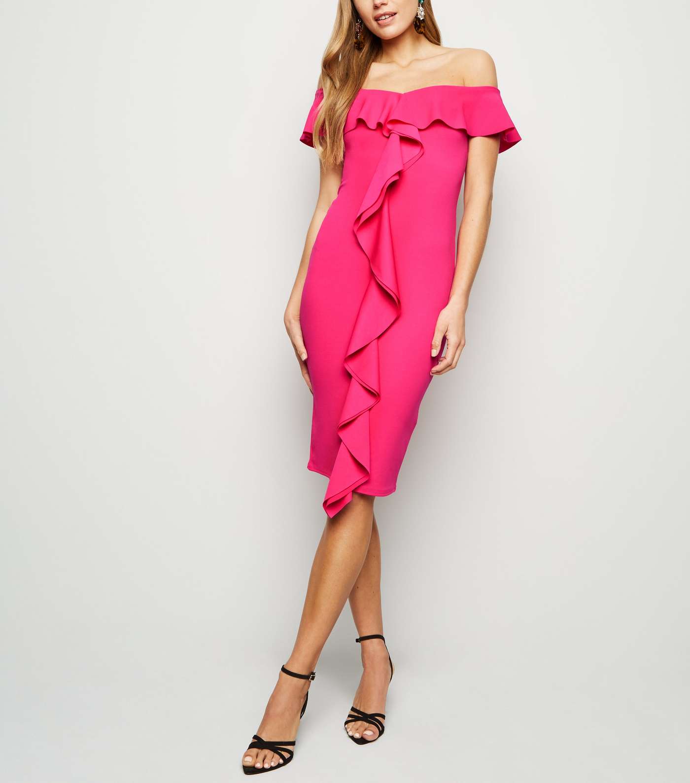 Bright Pink Ruffle Front Bardot Midi Dress