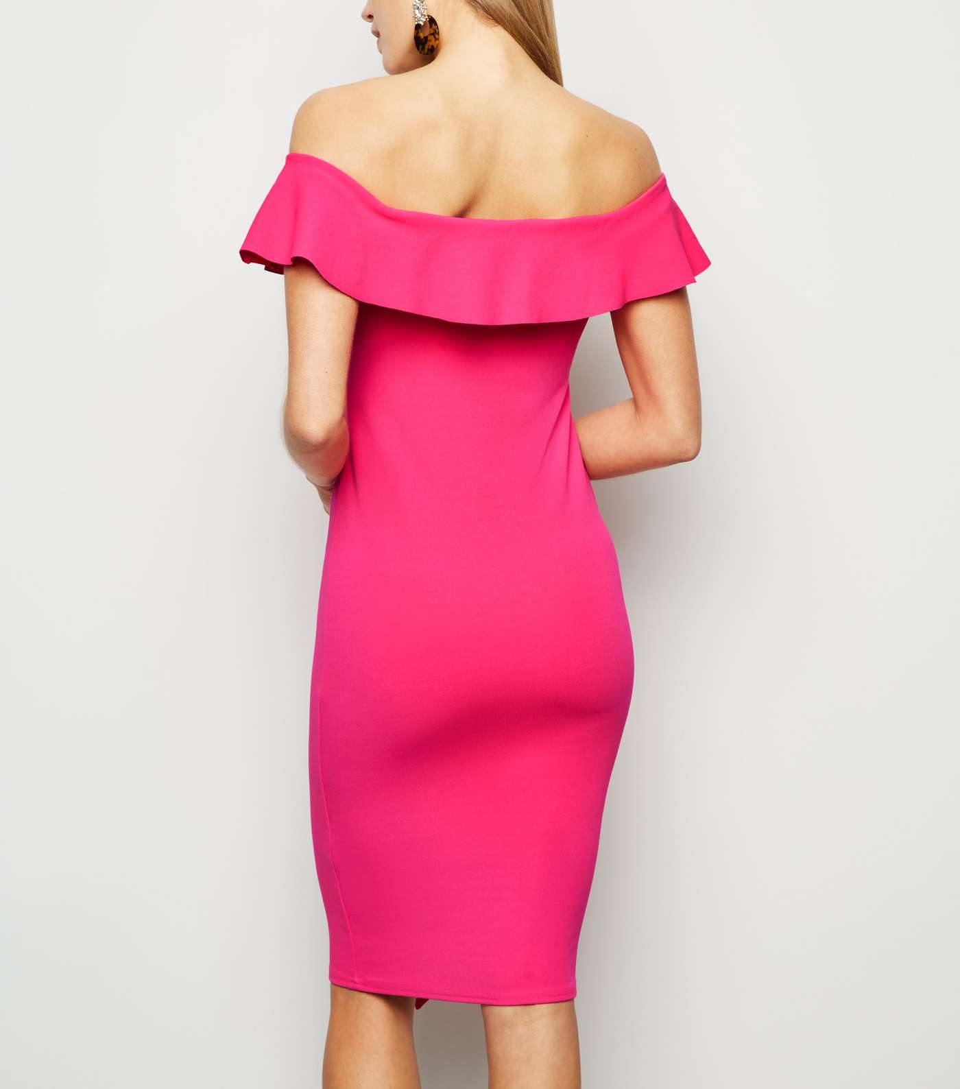 Bright Pink Ruffle Front Bardot Midi Dress Image 3