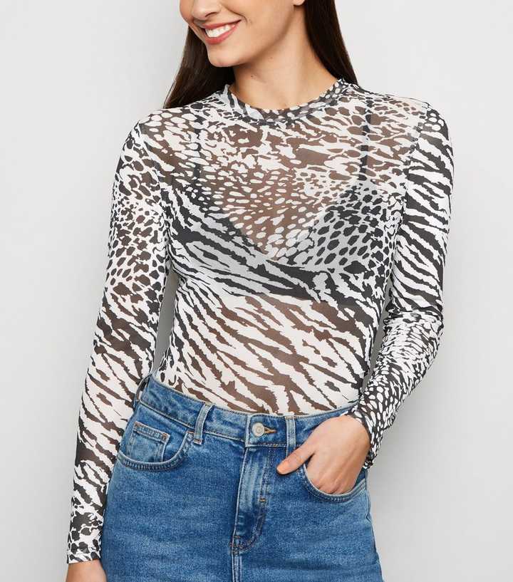 Black Mixed Animal Print Mesh Top