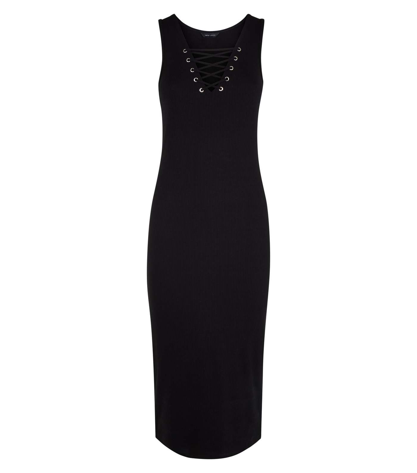 Black Ribbed Lattice Jersey Midi Dress Image 4