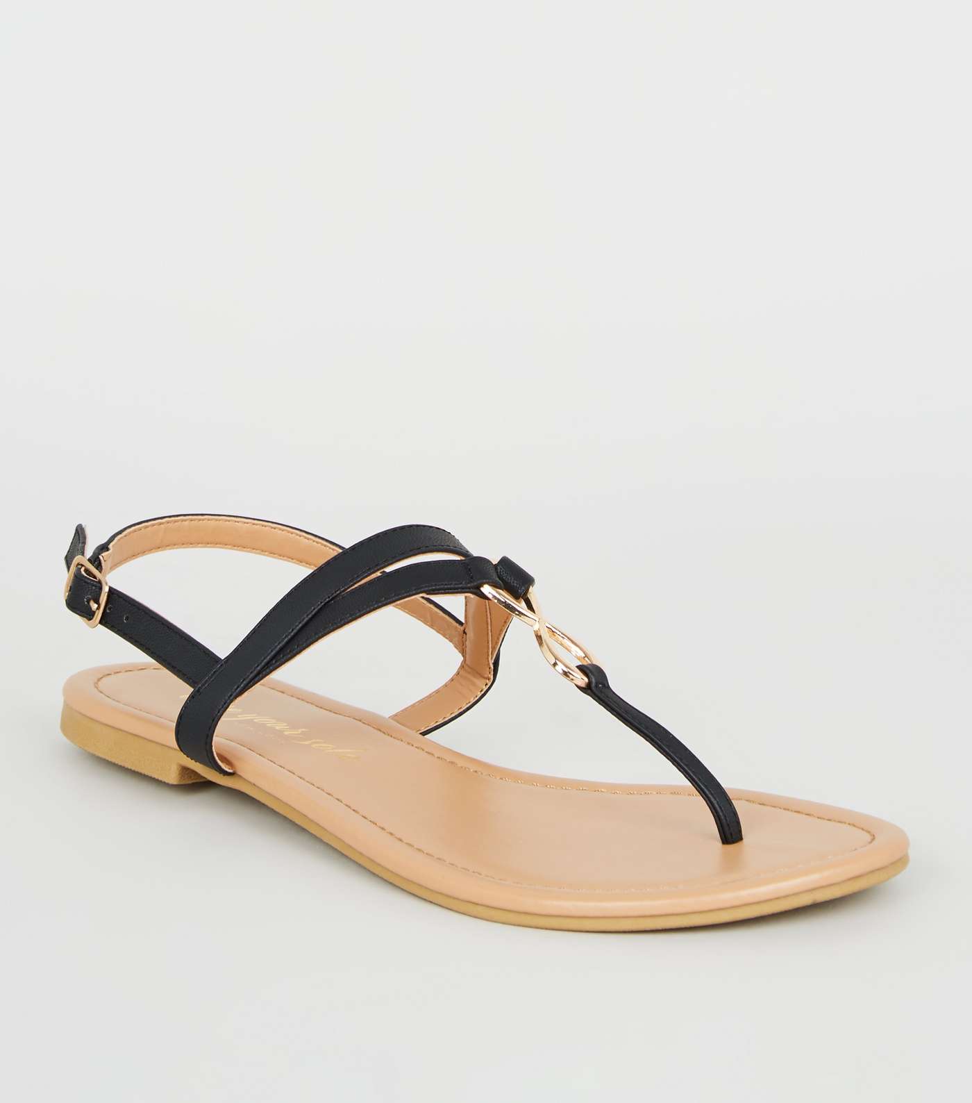 Black Leather-Look Infinity Ring Flat Sandals