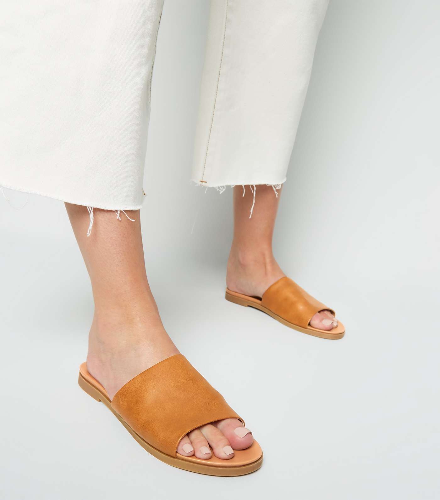 Tan Leather-Look Strap Footbed Sliders Image 2