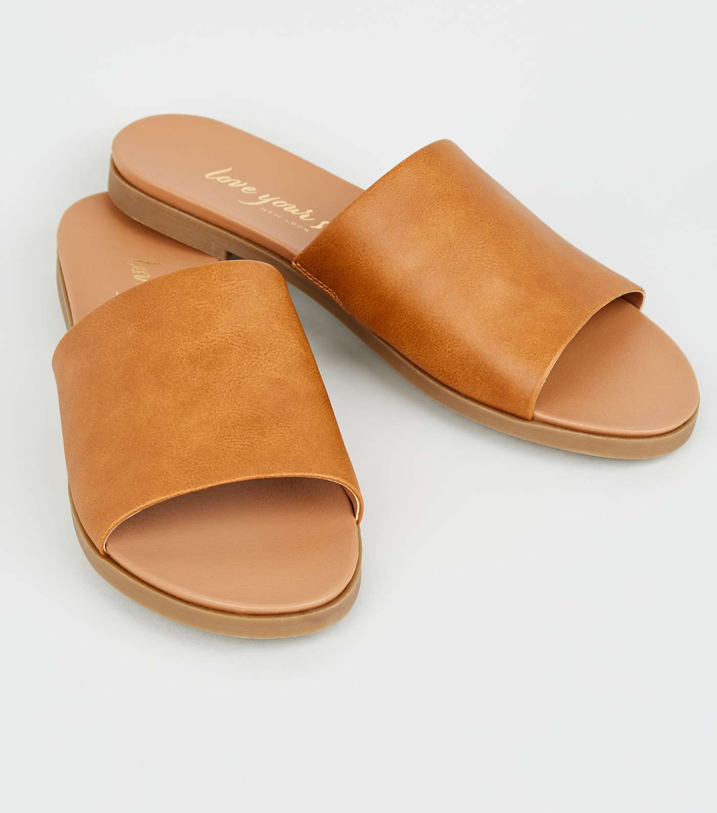 Tan Leather-Look Strap Footbed Sliders Image 4