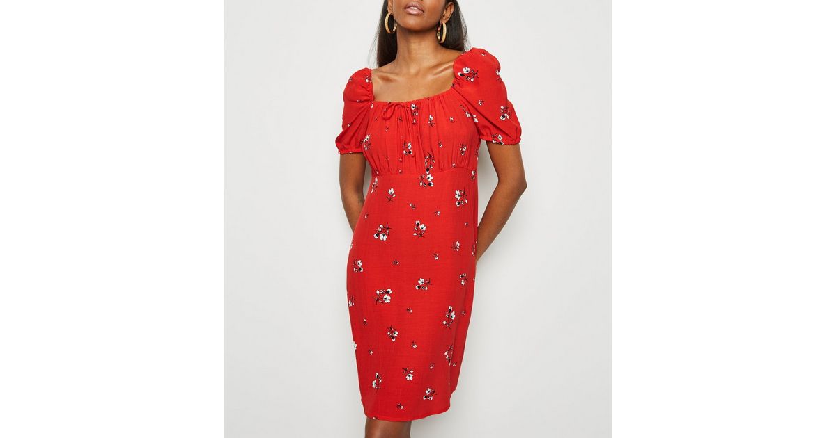 Red Ditsy Floral Tie Neck Milkmaid Dress New Look