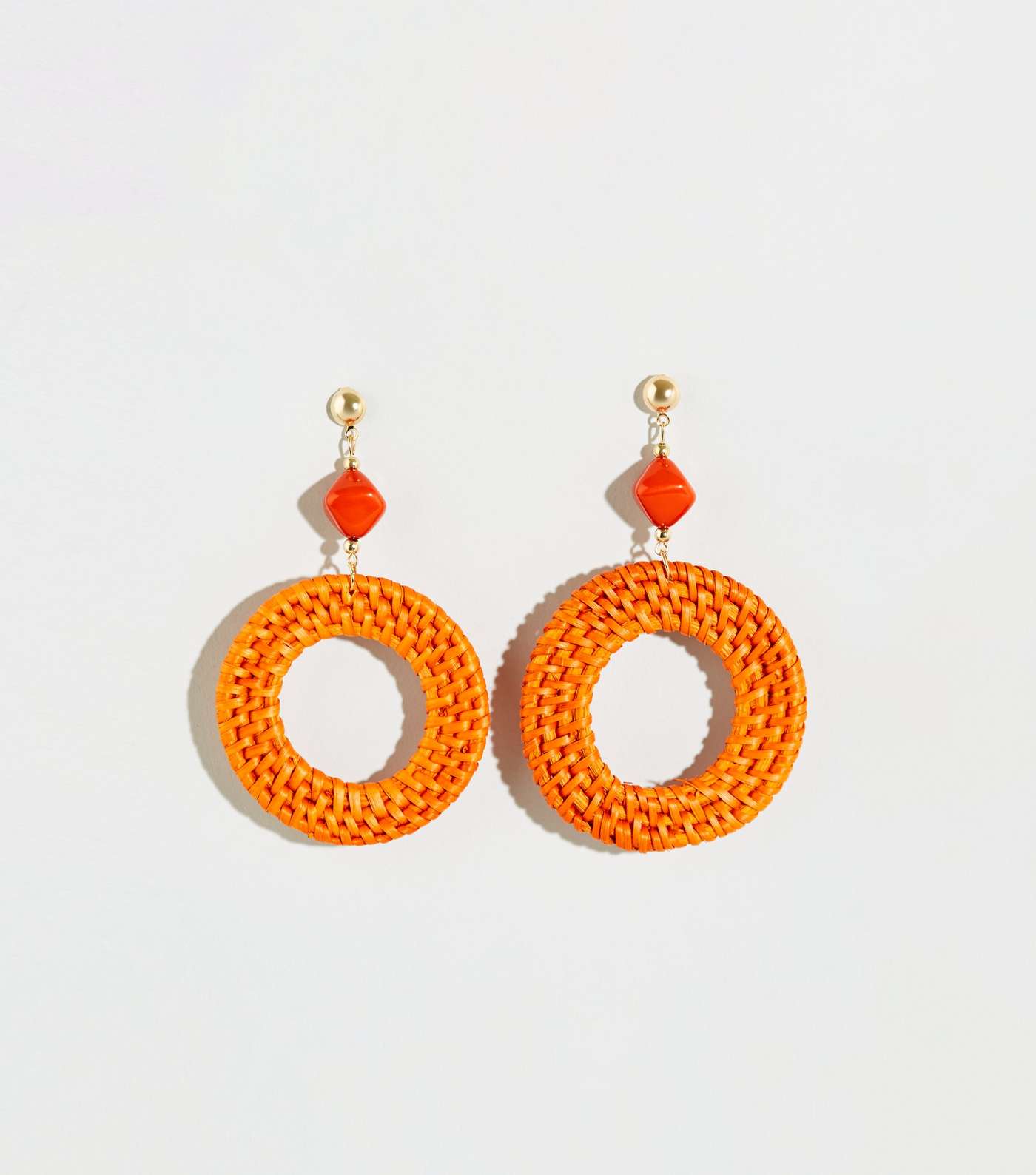 Bright Orange Woven Raffia Disc Earrings