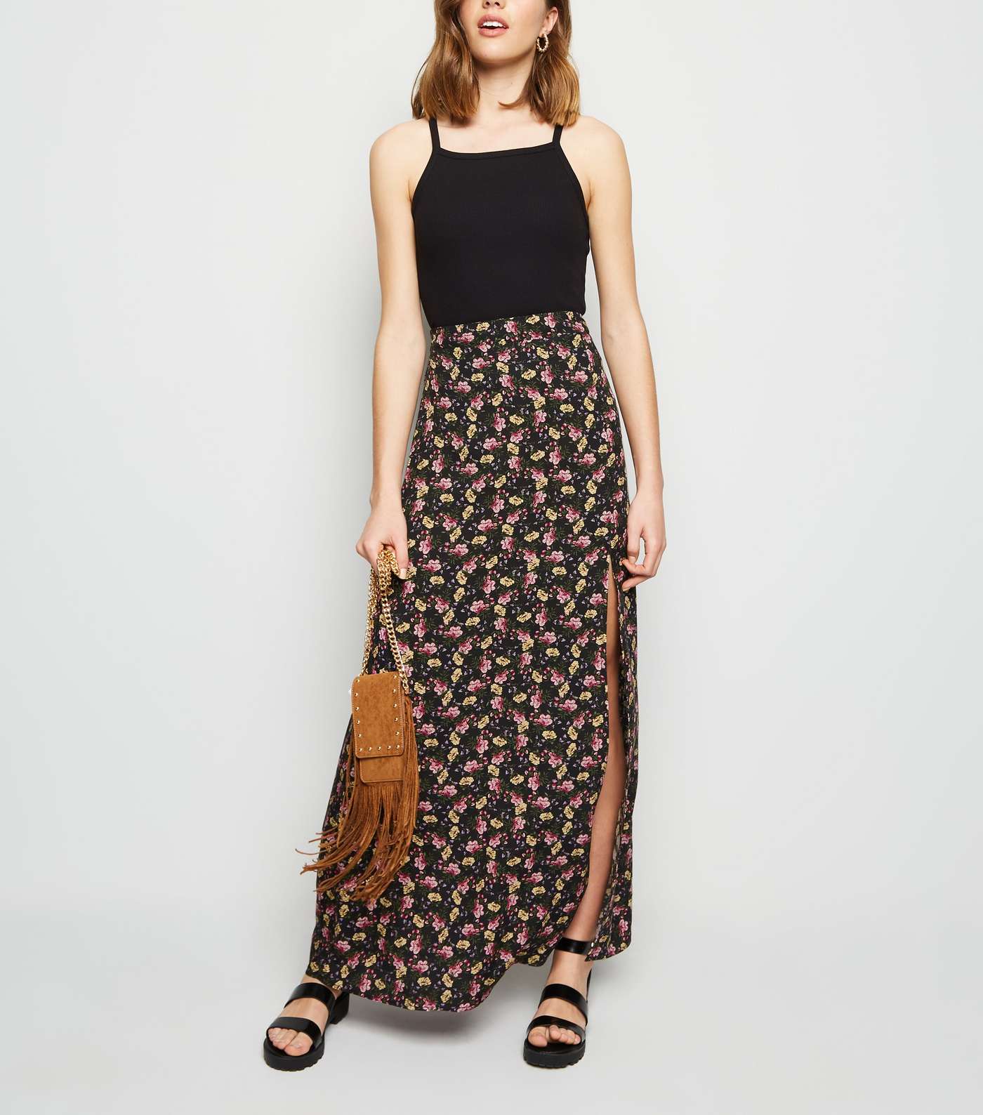 Black Floral Split Side Maxi Skirt