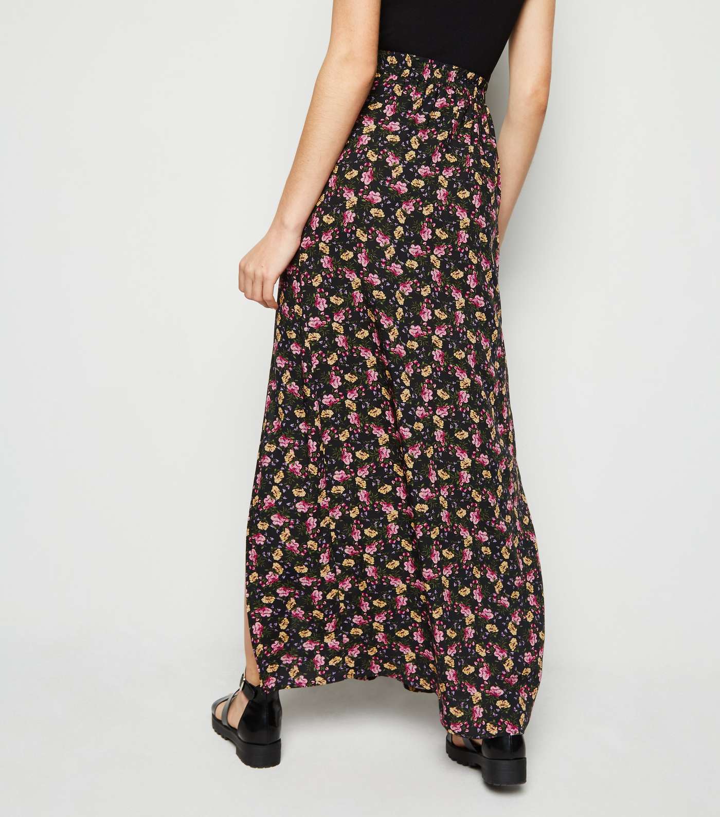 Black Floral Split Side Maxi Skirt Image 3