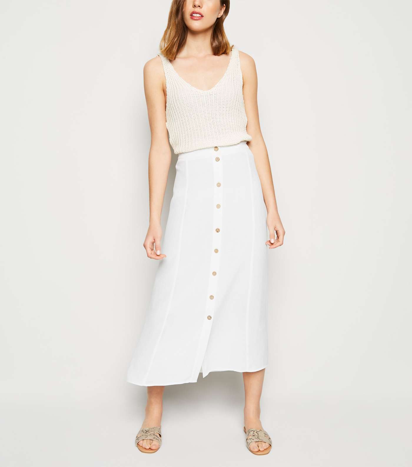 White Button Front Midaxi Skirt