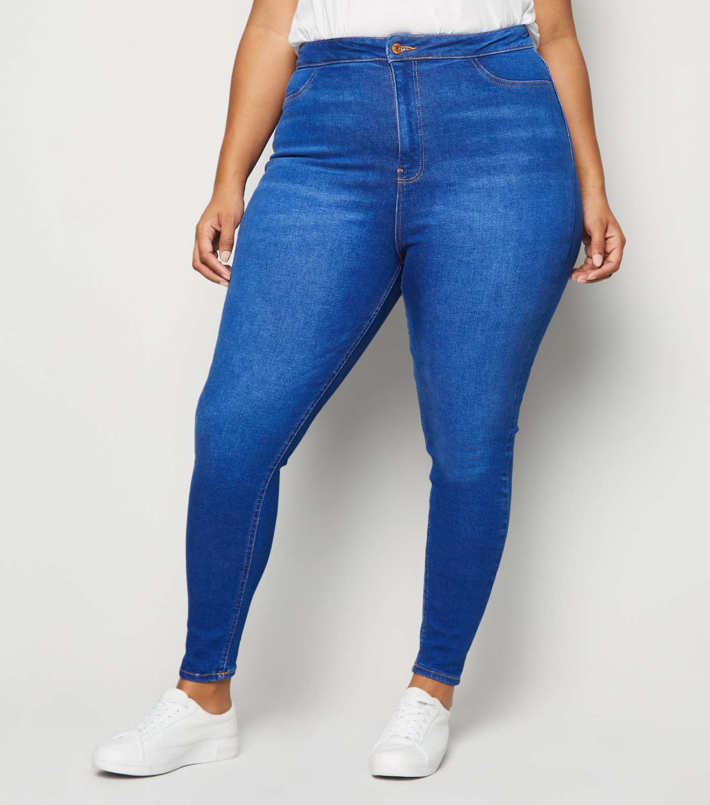Curves Bright Blue High Waist Skinny Jeans Image 2