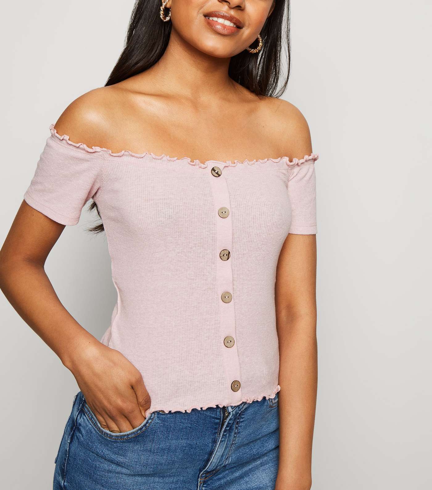 Petite Pink Ribbed Button Front Bardot Top