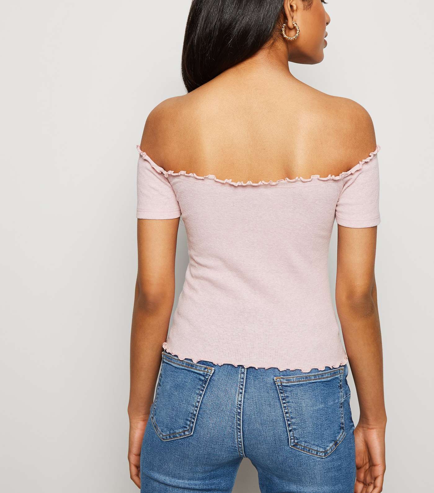 Petite Pink Ribbed Button Front Bardot Top Image 3