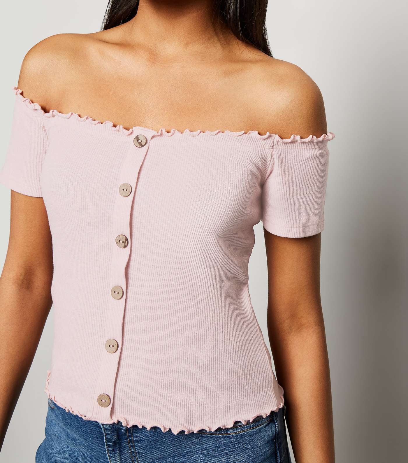 Petite Pink Ribbed Button Front Bardot Top Image 5