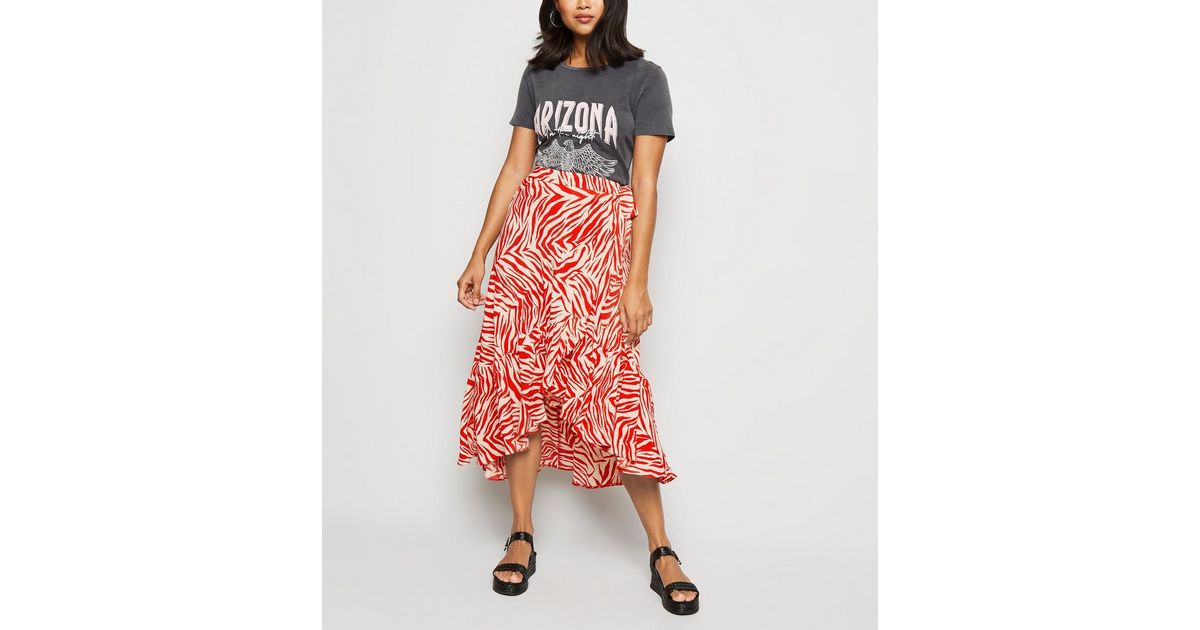 Petite Red Zebra Print Ruffle Midi Skirt New Look