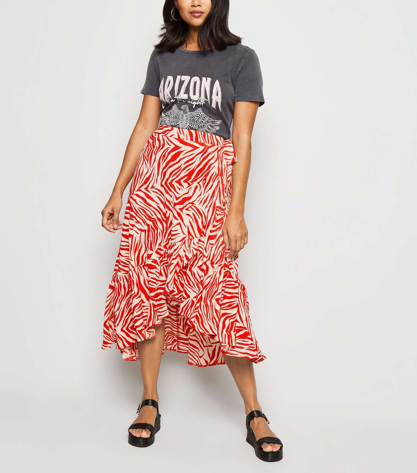 Petite Red Zebra Print Ruffle Midi Skirt