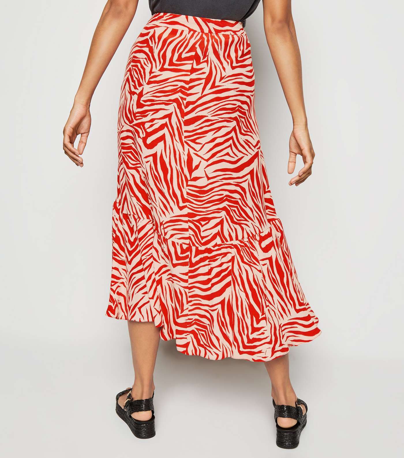 Petite Red Zebra Print Ruffle Midi Skirt Image 3