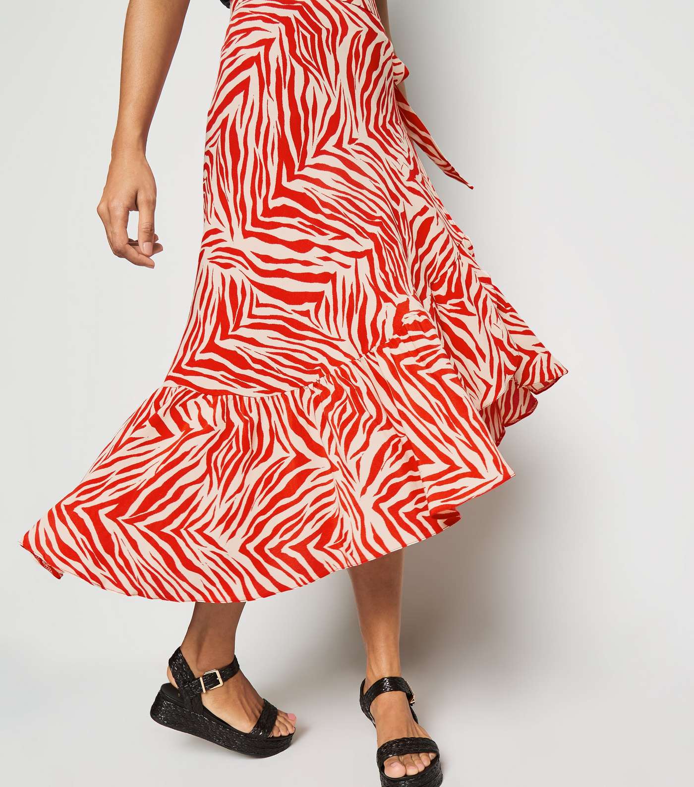 Petite Red Zebra Print Ruffle Midi Skirt Image 5