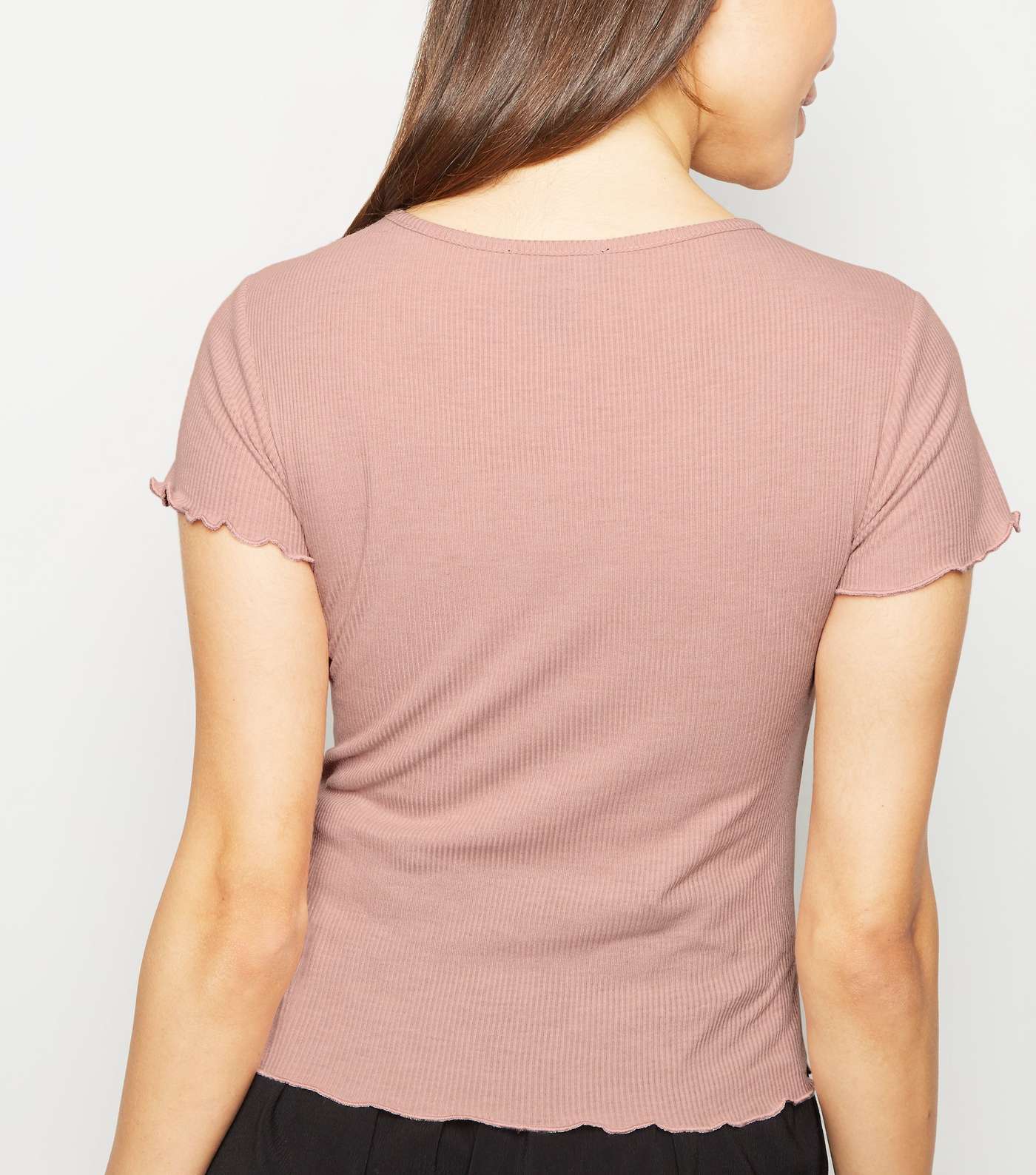 Pink Ribbed Frill Trim Short Sleeve T-Shirt Image 2