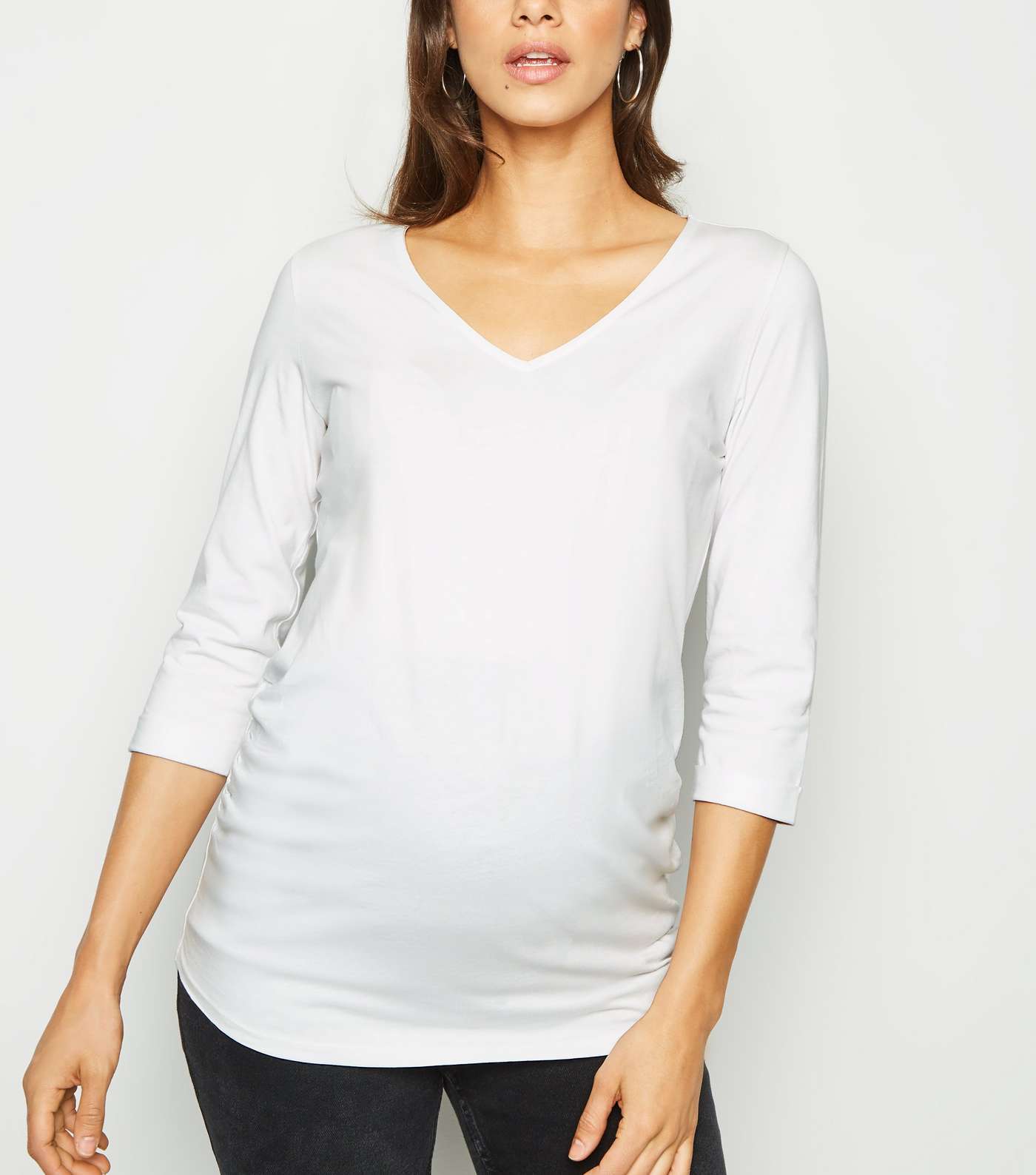 Maternity White V Neck 3/4 Sleeve Top