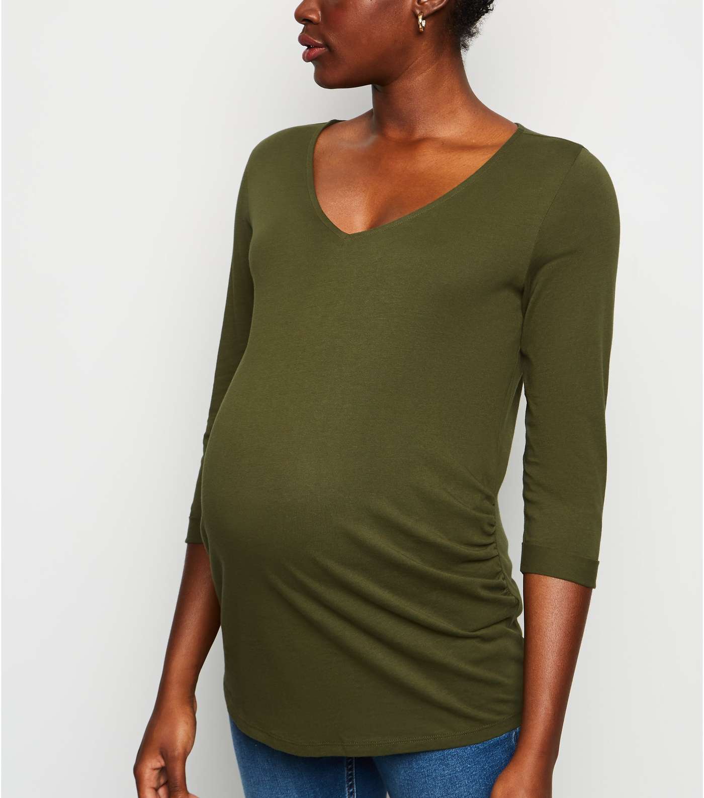 Maternity Khaki V Neck 3/4 Sleeve Top