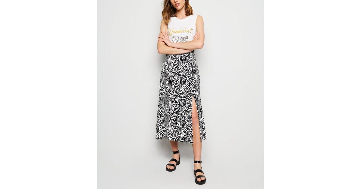 Black Zebra Print Side Split Midi Skirt | New Look