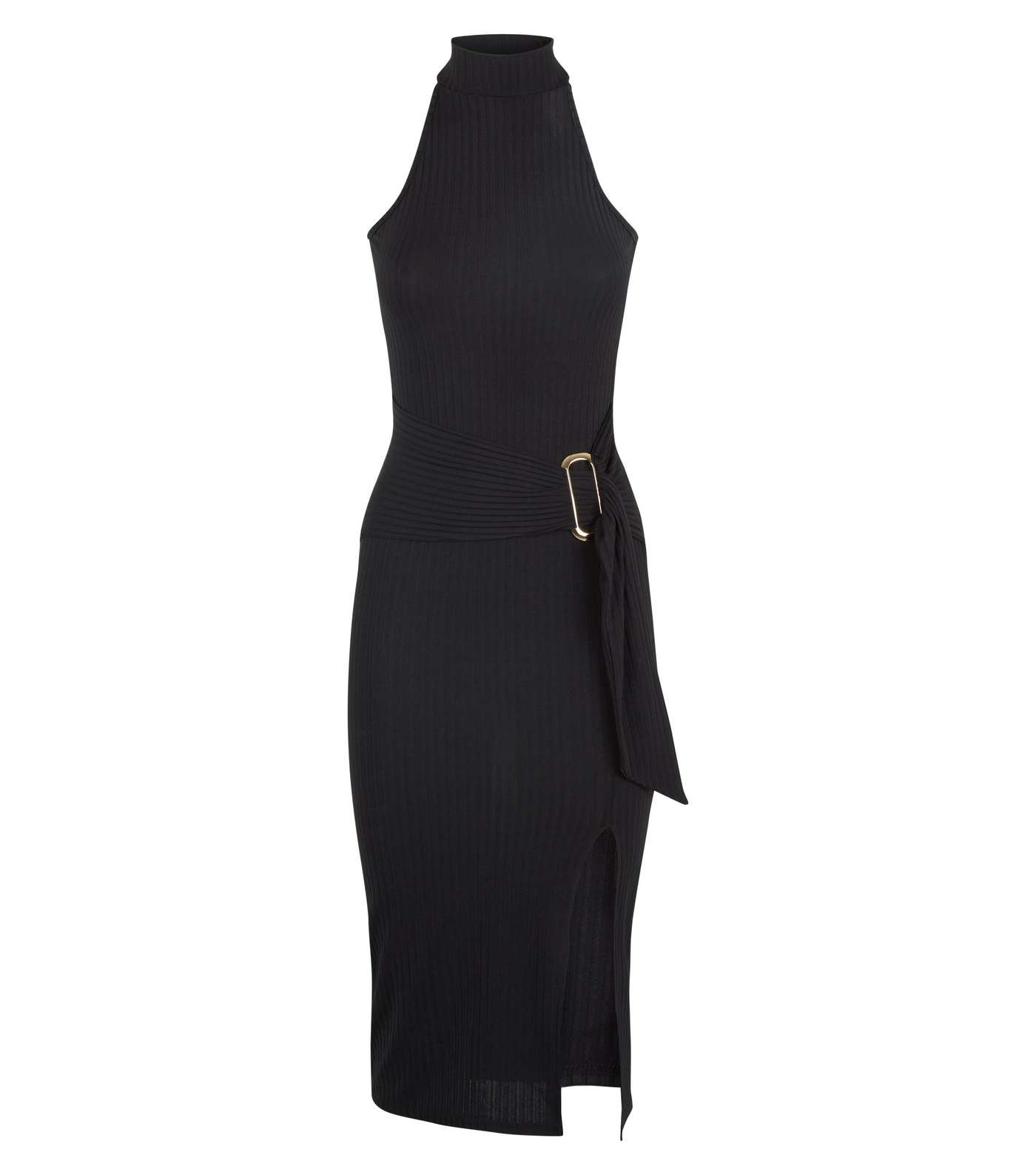Black High Neck Buckle Waist Midi Dress Image 4