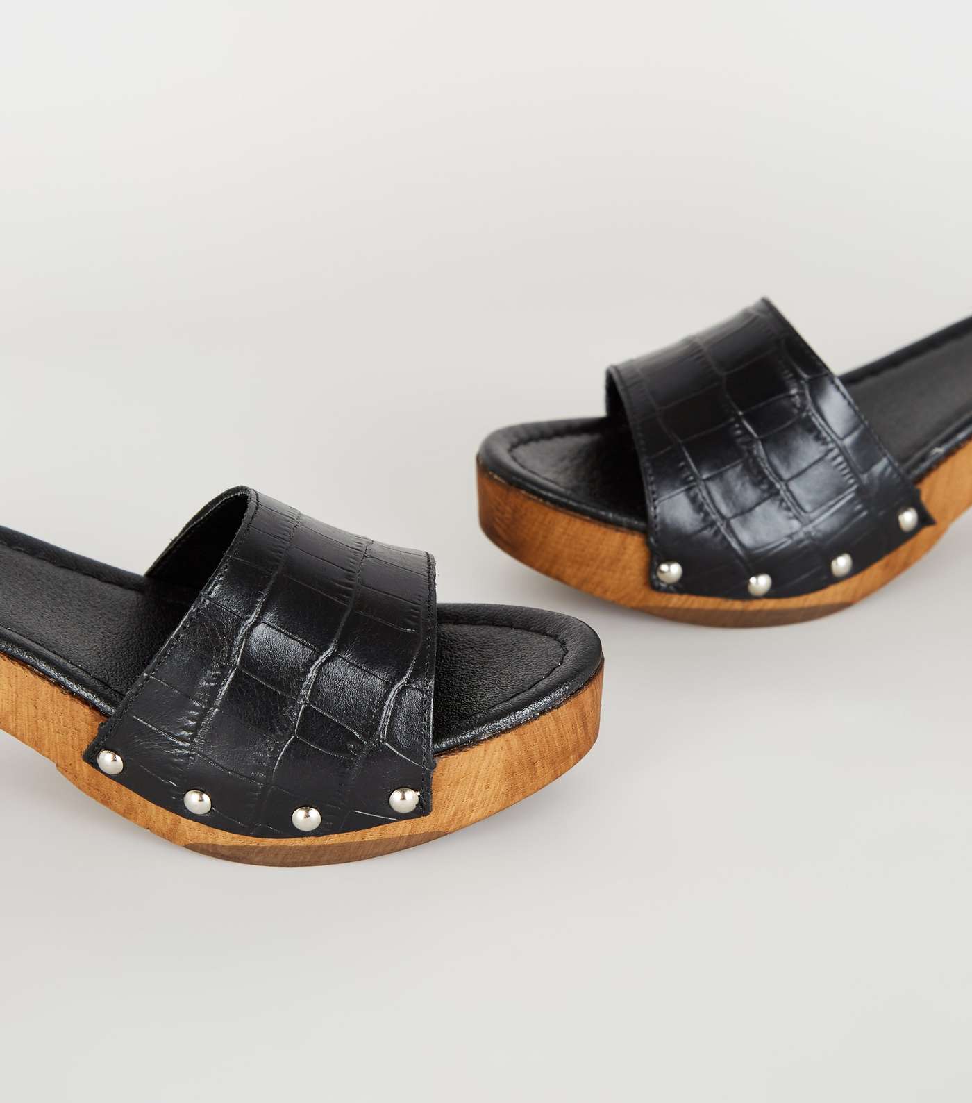 Black Premium Leather Chunky Wood Sandals Image 4