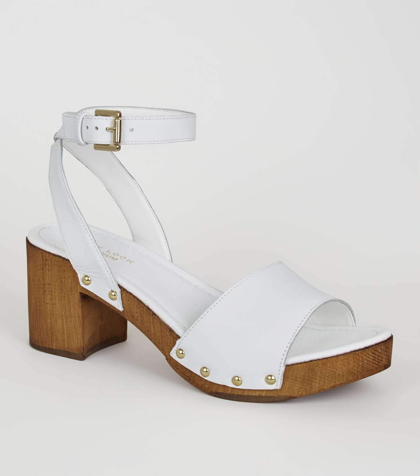 White Premium Leather Chunky Wood Sandals