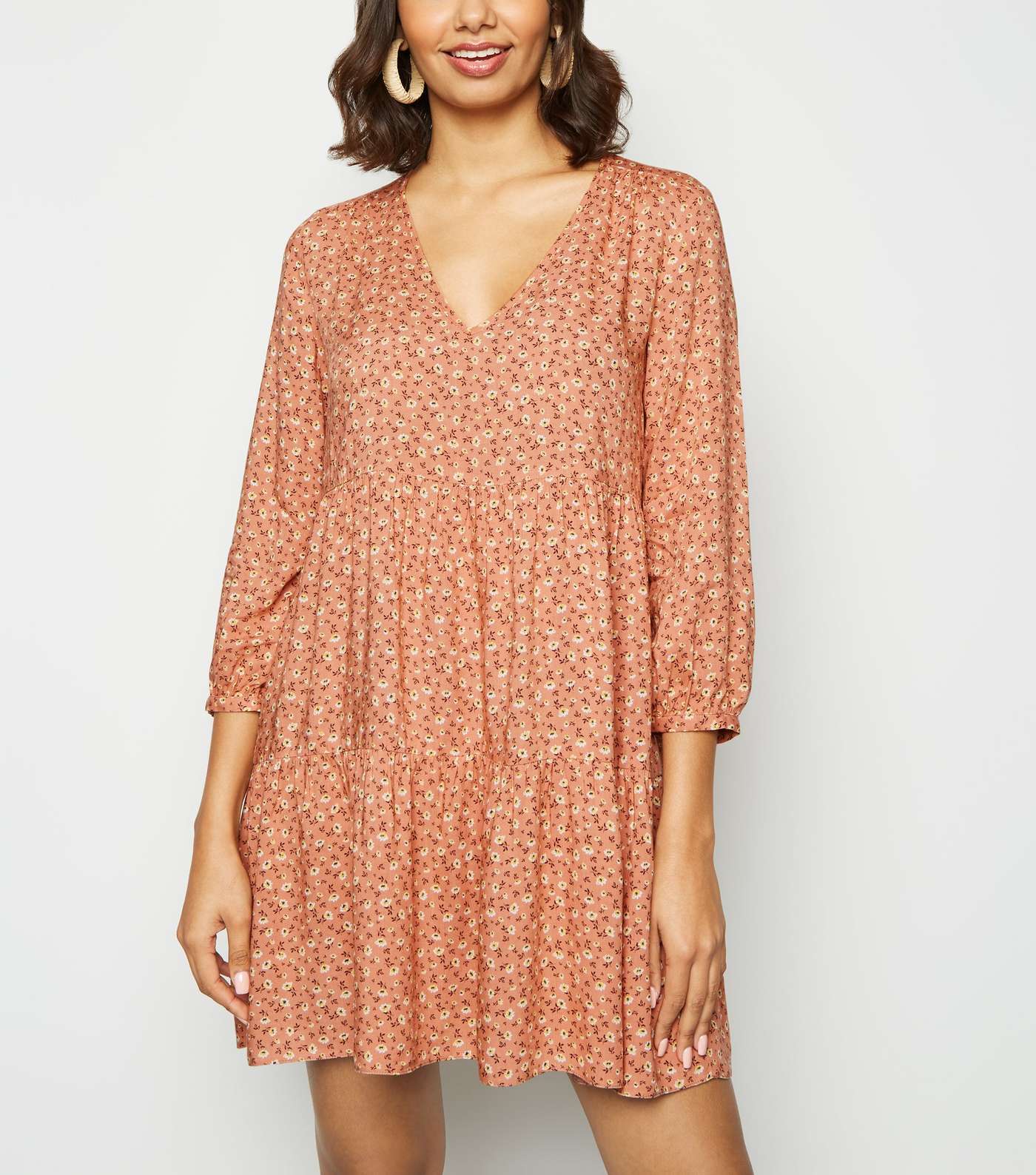 Brown Ditsy Floral Tiered Smock Dress Image 2