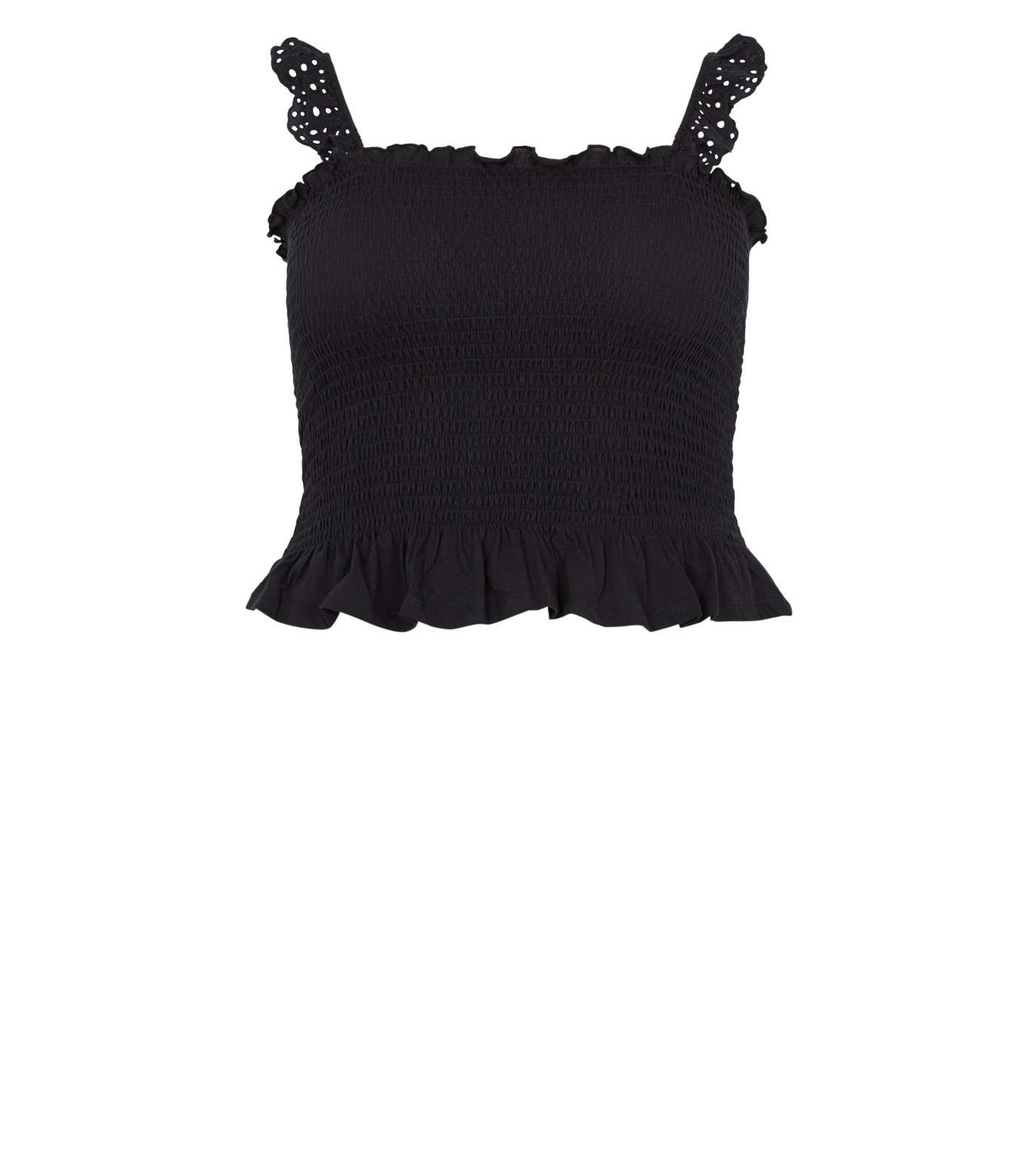 Curves Black Shirred Broderie Frill Cami  Image 4