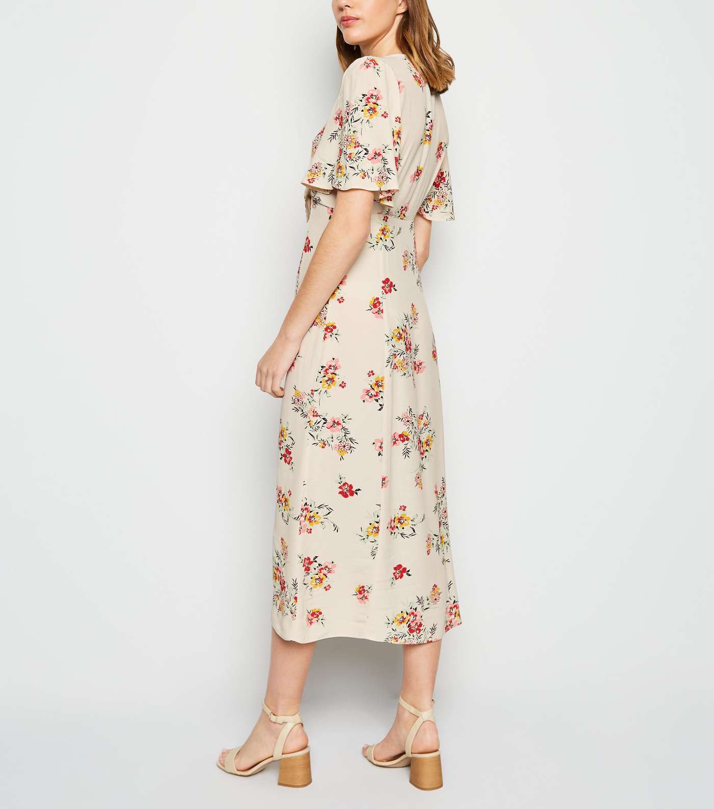 Off White Floral Tie Button Up Midi Dress Image 2