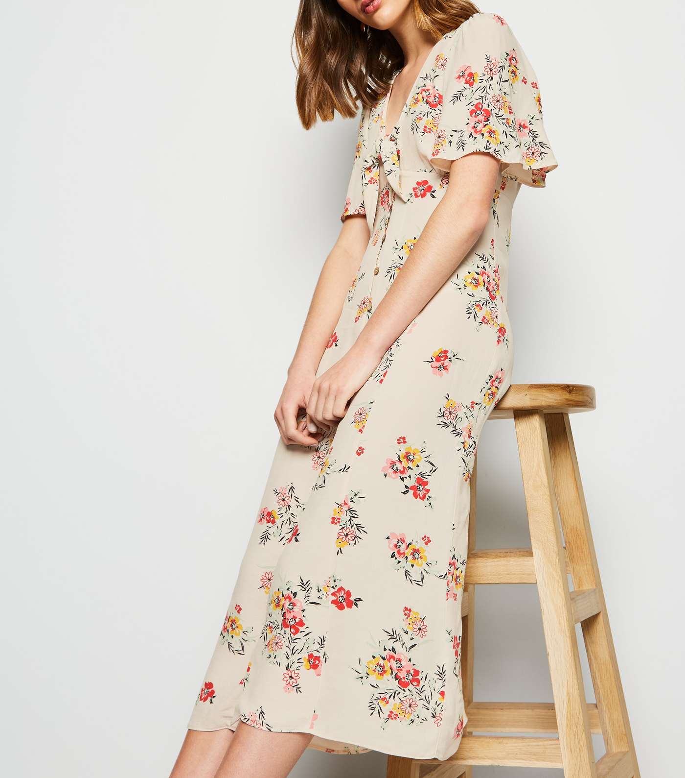 Off White Floral Tie Button Up Midi Dress Image 4