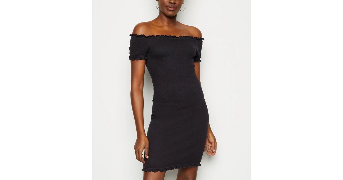 Black Bardot Shirred Jersey Mini Dress | New Look