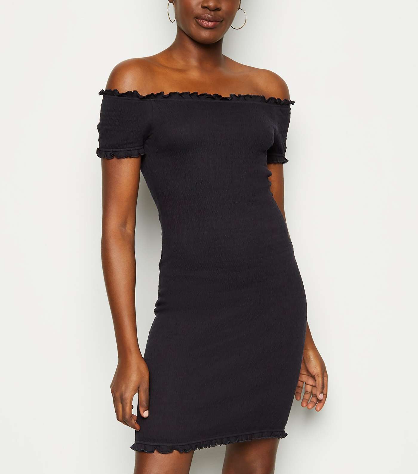 Black Bardot Shirred Jersey Mini Dress