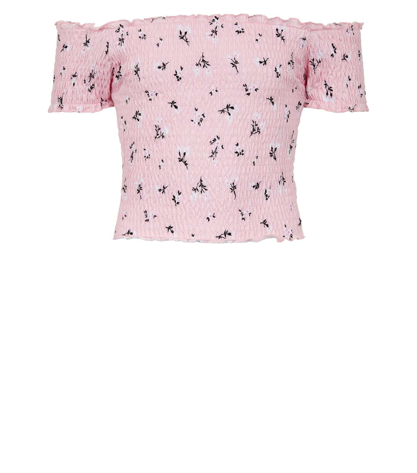 Girls Pink Floral Shirred Short Sleeve Bardot Top Image 4