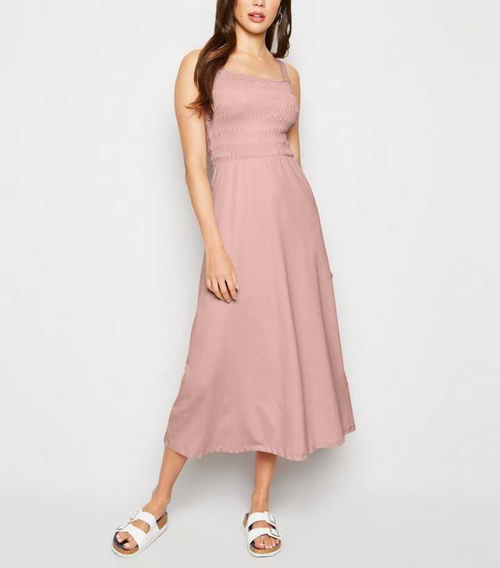 Pale Pink Shirred Jersey Midi Dress