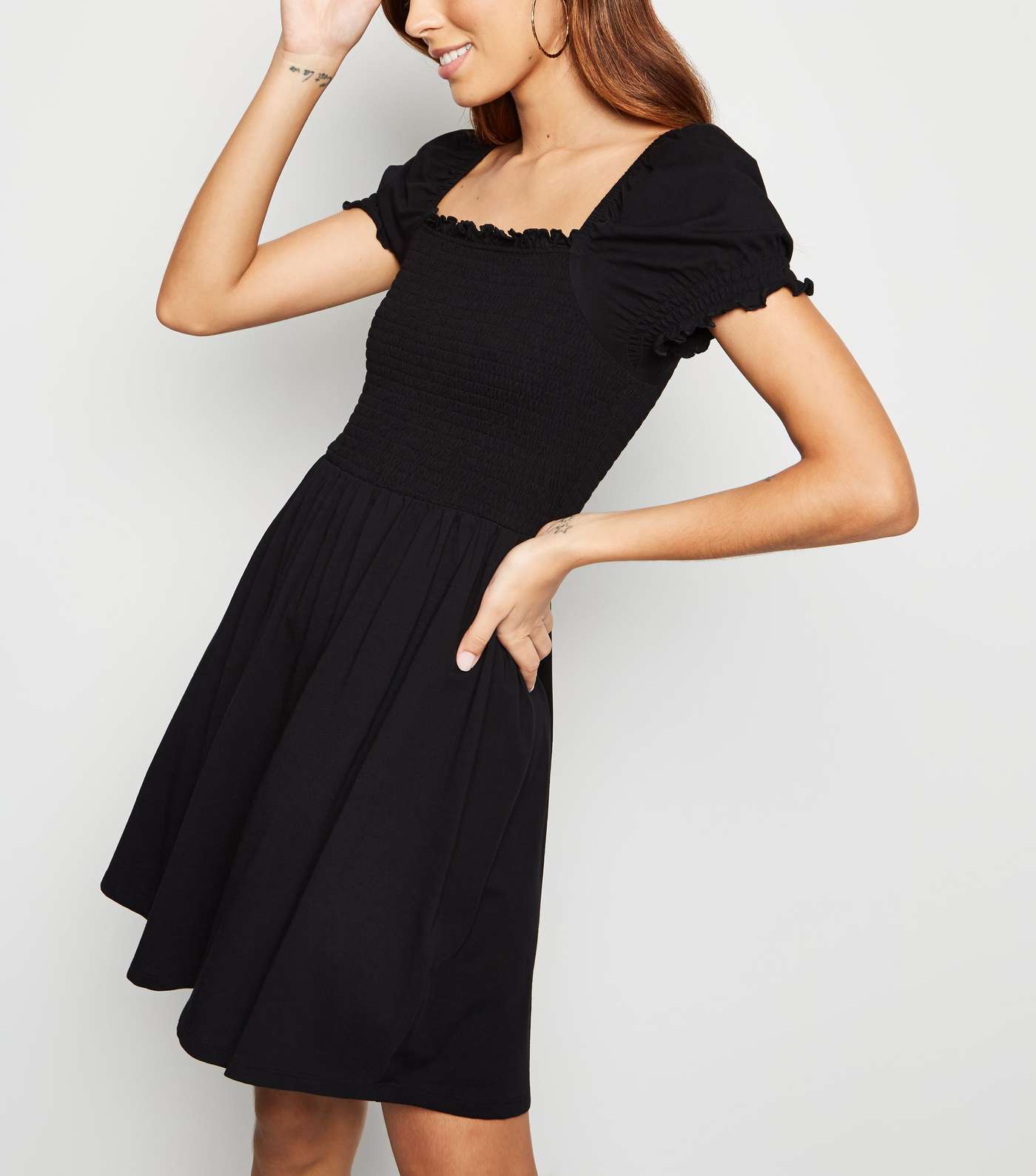 Black Shirred Jersey Milkmaid Dress 