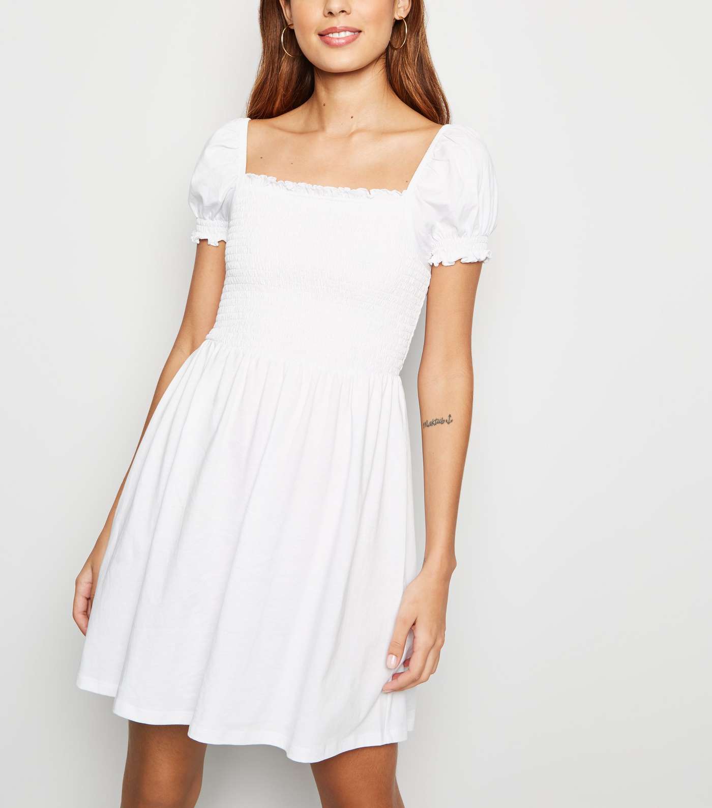 White Shirred Jersey Milkmaid Dress 