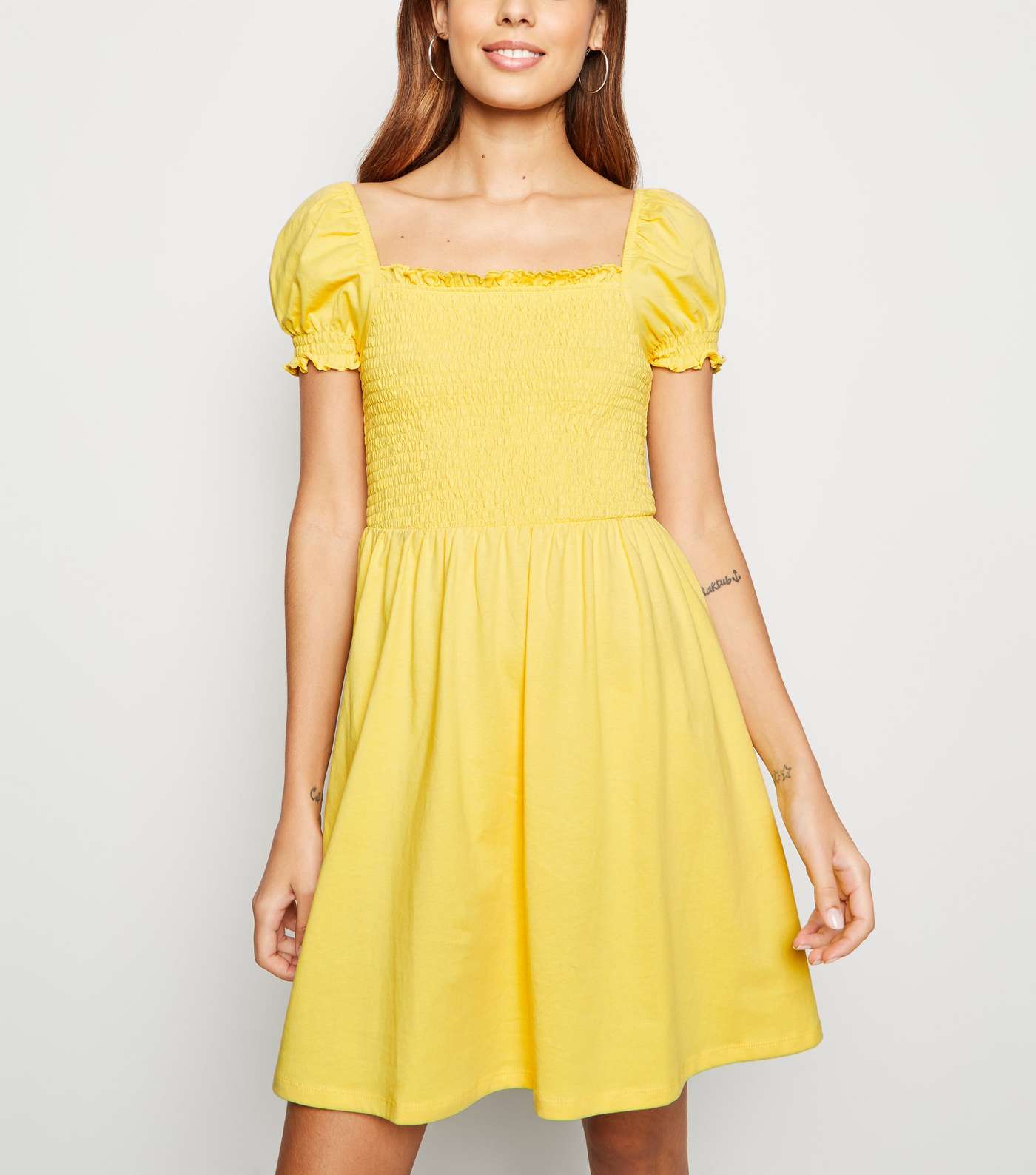 Yellow Shirred Jersey Milkmaid Dress 