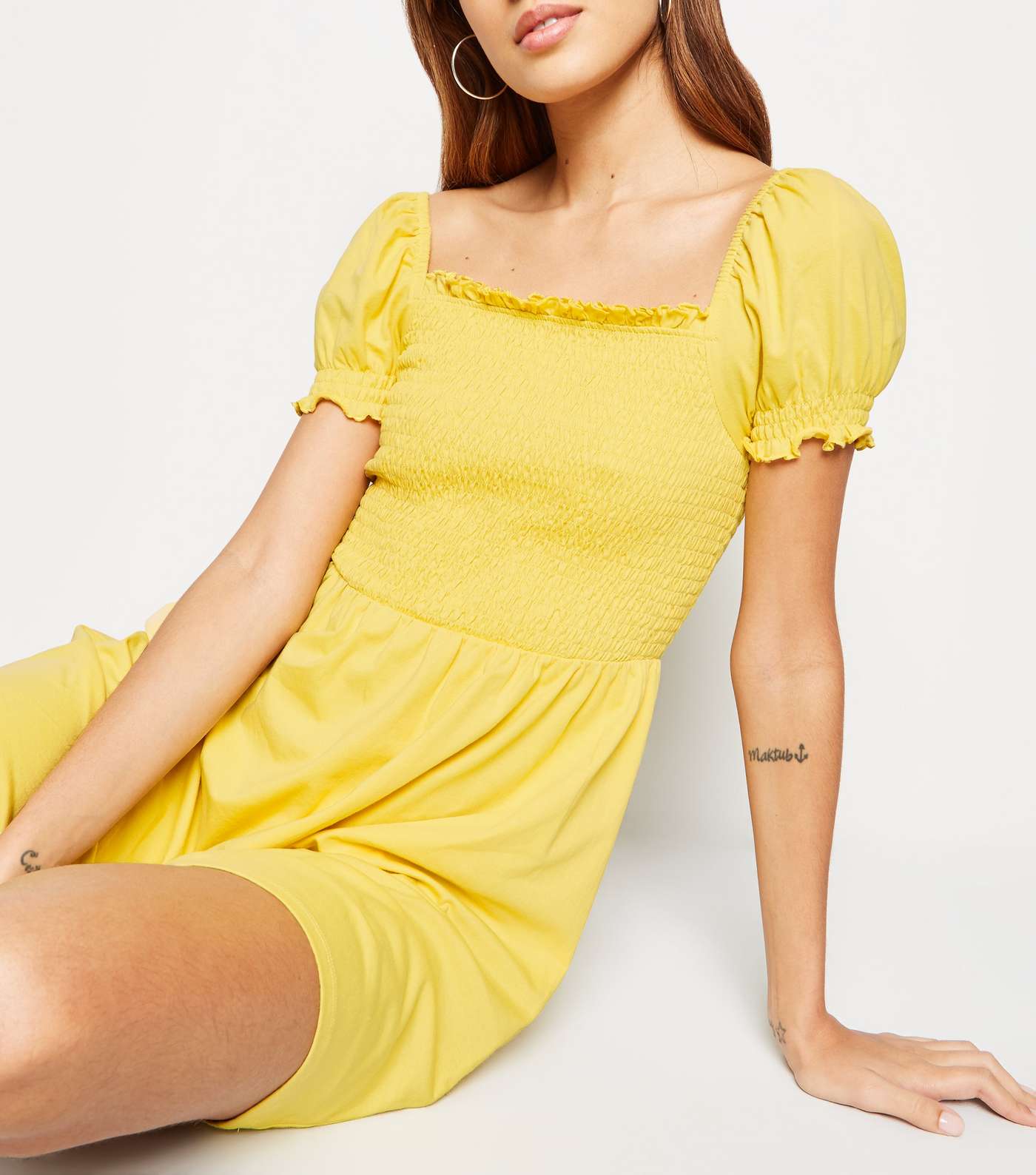 Yellow Shirred Jersey Milkmaid Dress  Image 5