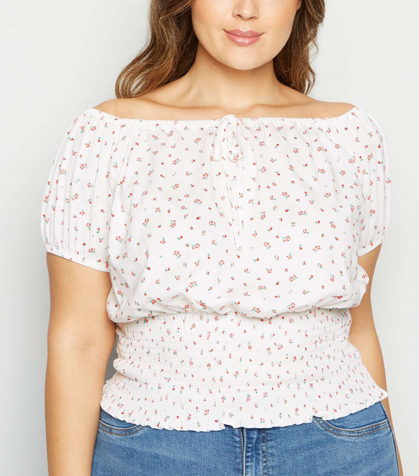 Curves White Ditsy Floral Milkmaid Top