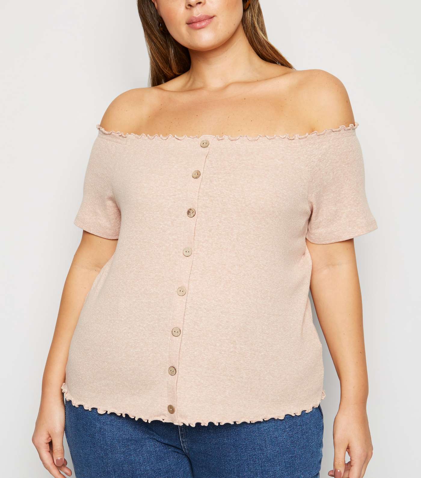 Curves Pale Pink Button Front Bardot Top