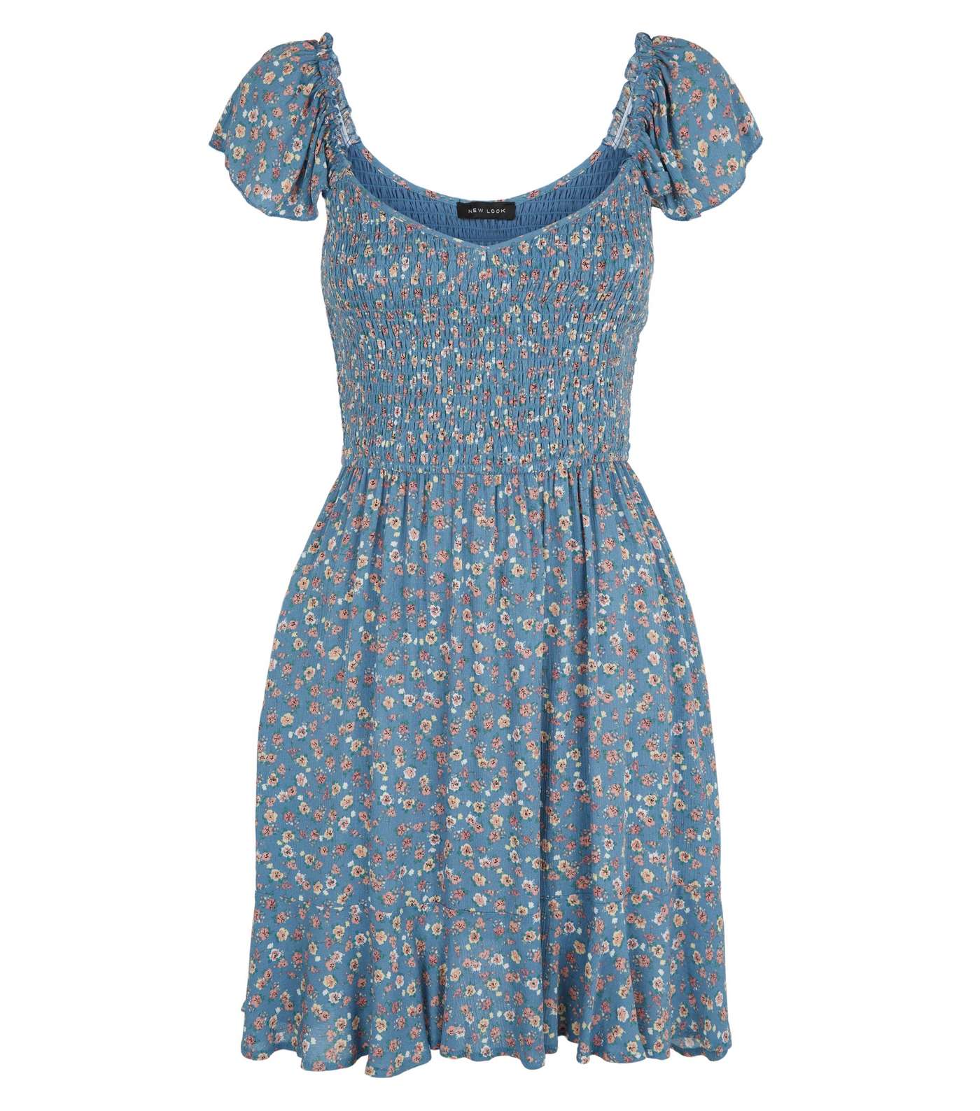 Blue Ditsy Floral Shirred Milkmaid Dress Image 4