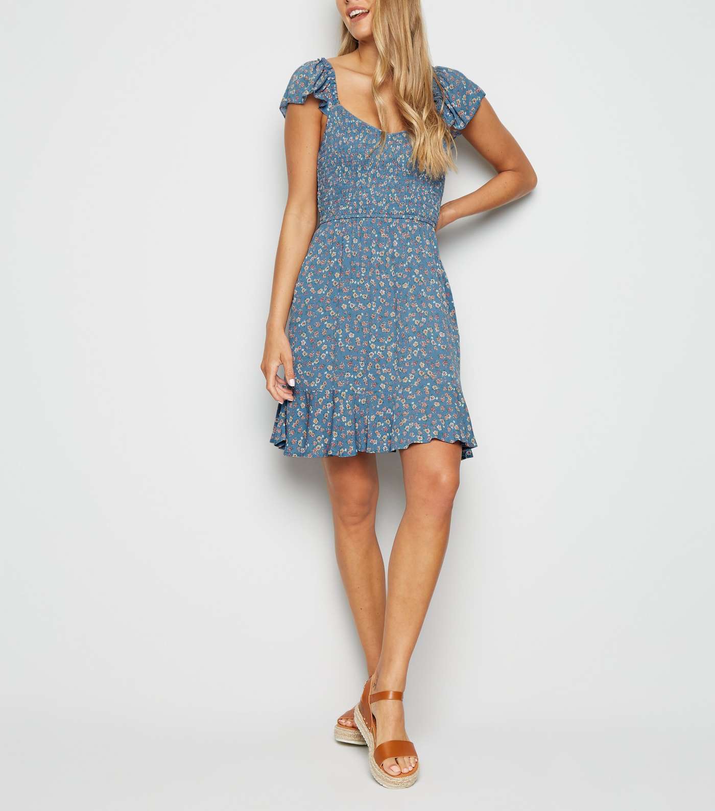 Blue Ditsy Floral Shirred Milkmaid Dress Image 2