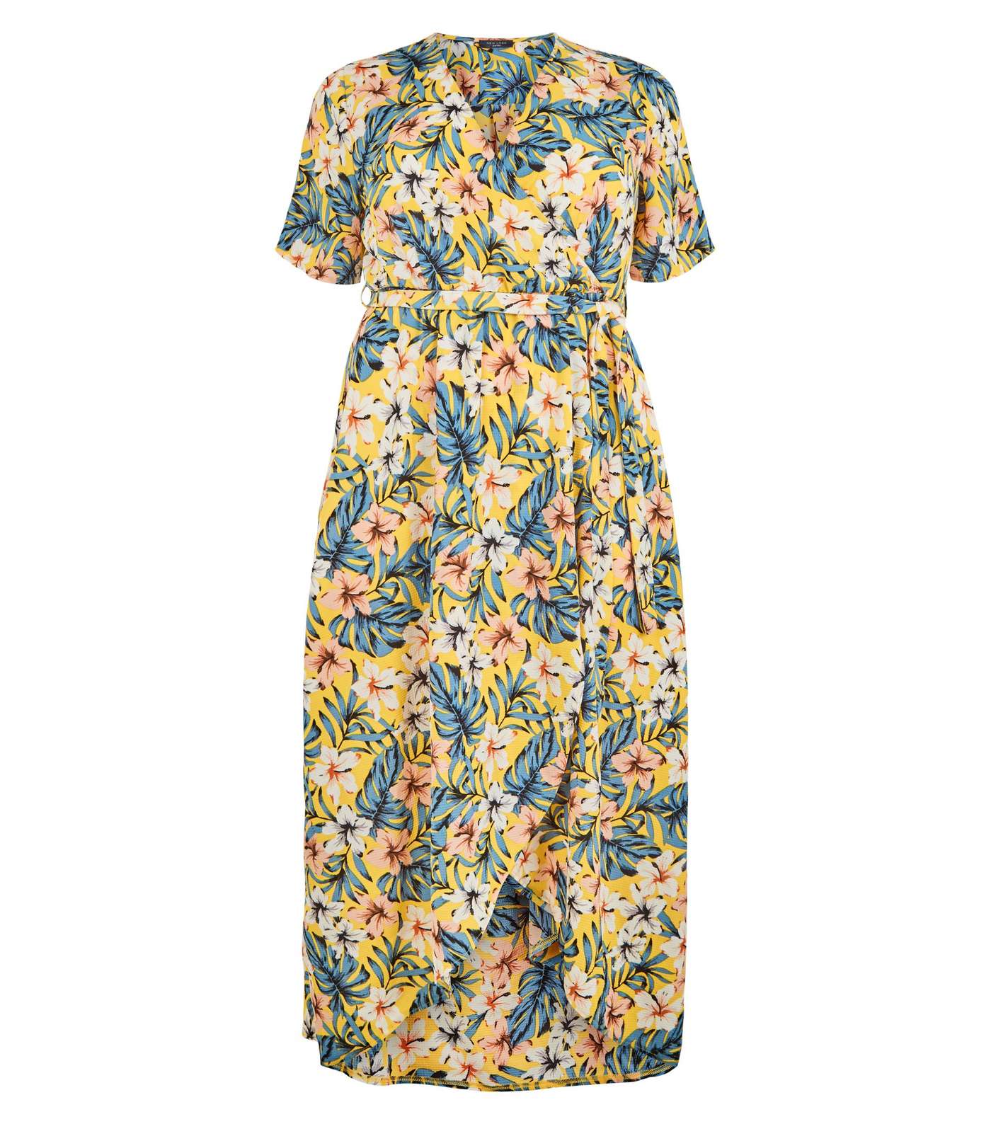 Curves Yellow Tropical Print Wrap Midi Dress Image 4
