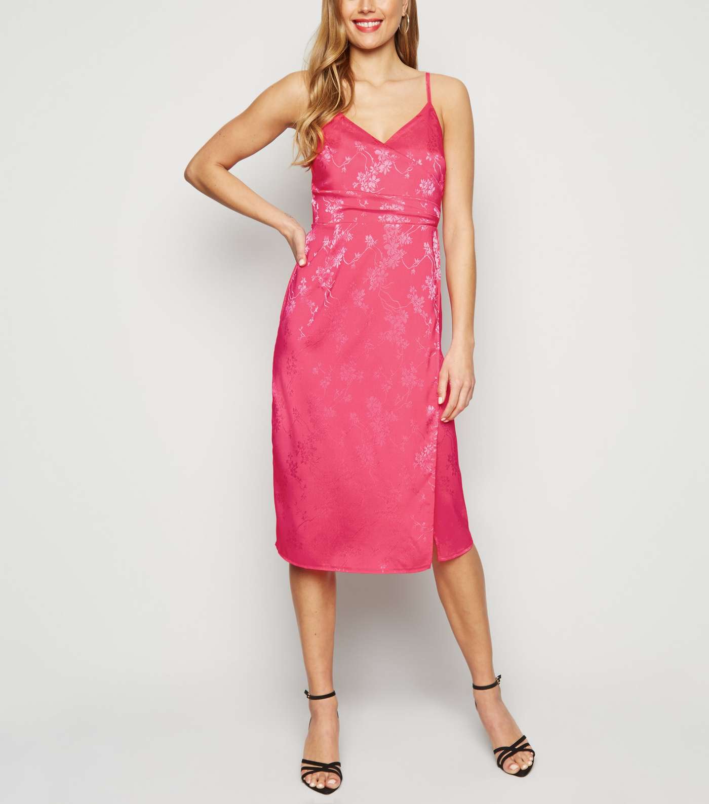 Bright Pink Floral Satin Jacquard Midi Dress Image 2